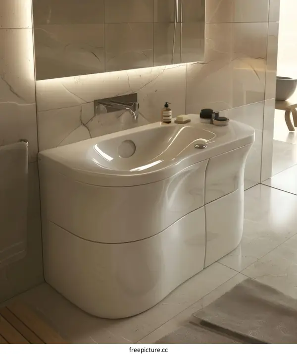 Luxury bathroom interior with marble tiles and ceramic sink