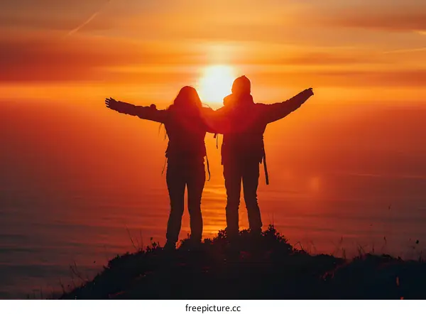 Couple Silhouettes Against Orange Sunset