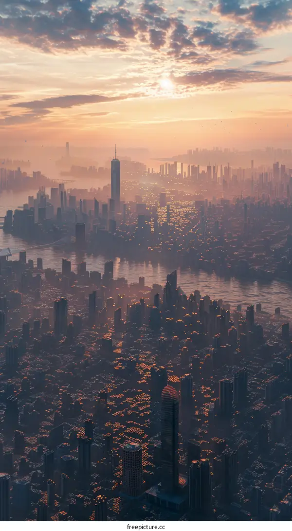 Aerial View of a Metropolis at Sunrise