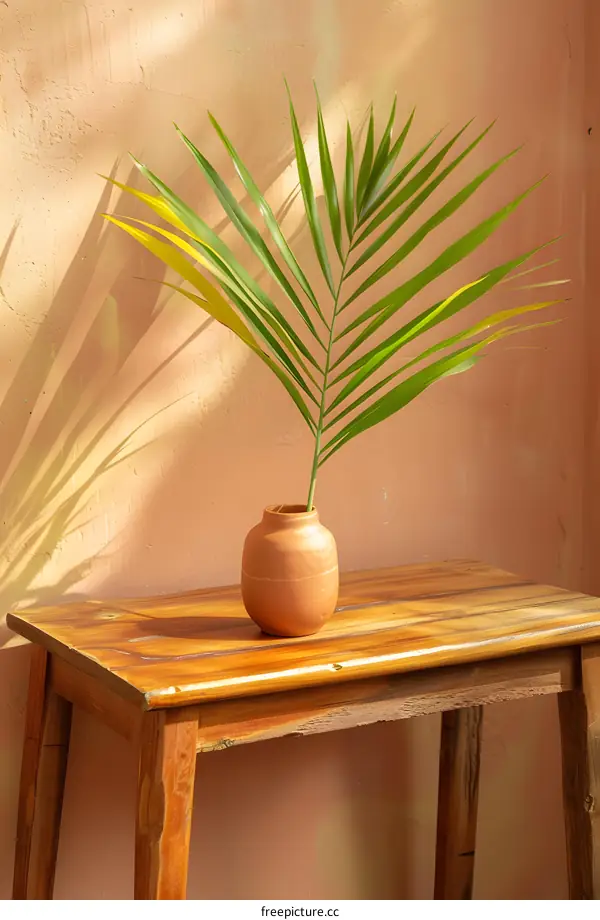 Green Palm Leaf in a Clay Vase on a Wooden Table Against a Peach Wall