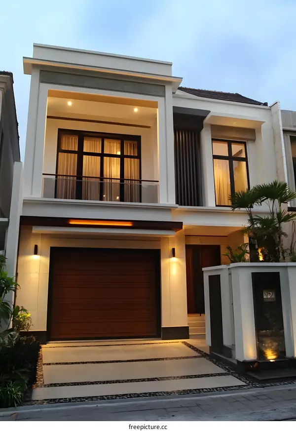 Modern White House with Garage Door and Balcony
