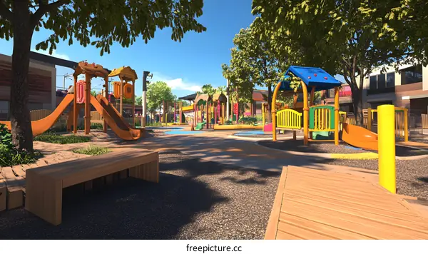 Modern Playground Design with Colorful Equipment and Benches