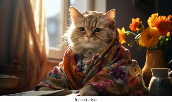 A ginger cat wearing a floral scarf is sitting on a table