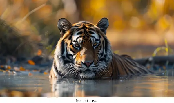A tiger is taking a bath in a river