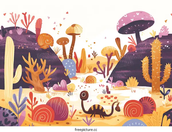 Desert Landscape with Colorful Plants and a Chameleon