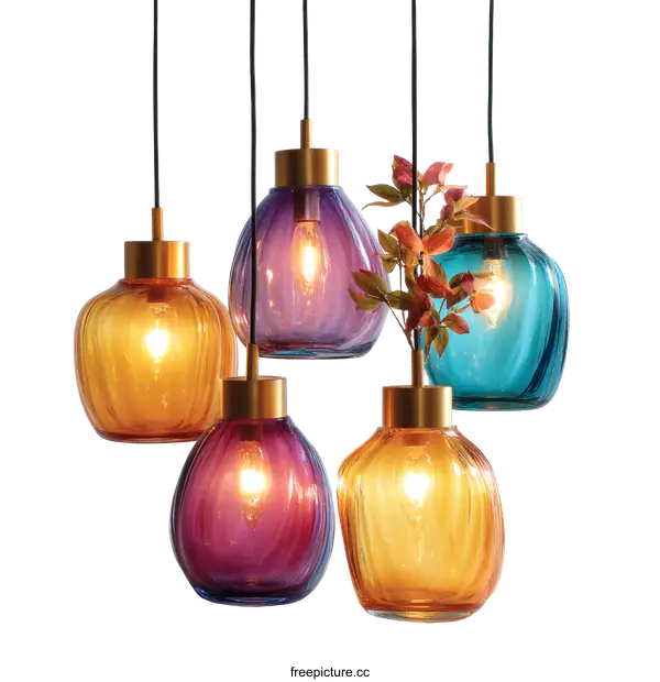 [Transparent Background PNG]Colorful Glass Pendant Lamps with Warm Lighting