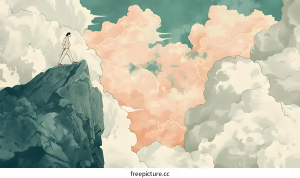 Man Walking on Mountaintop Clouds Illustration