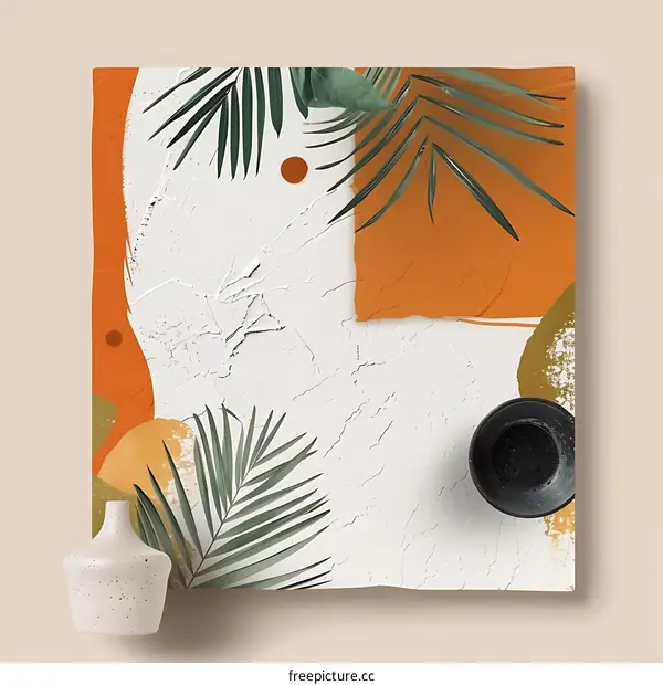 Abstract Minimalist Wall Art with Palm Leaves and Geometric Shapes