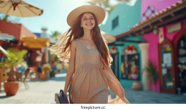Happy young woman walking down a colorful street on vacation