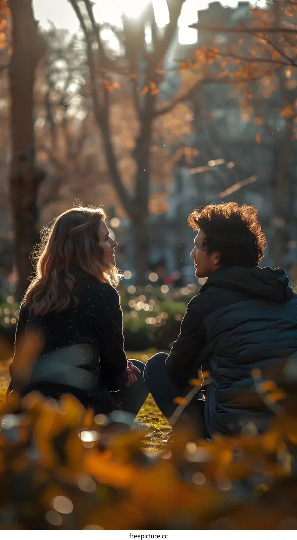 A couple is sitting on the ground in a park, talking and smiling.