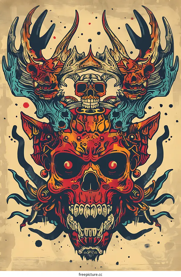 Colorful Skull Art Illustration with Tribal Design