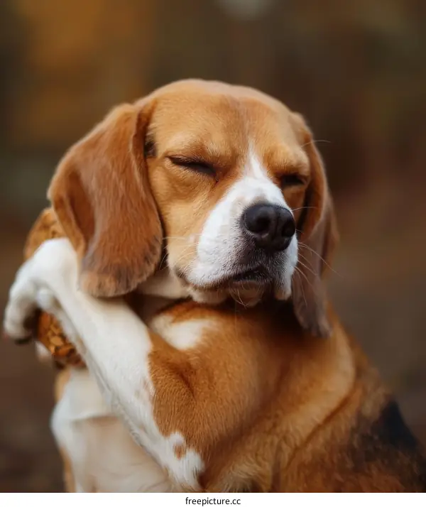 A cute beagle dog is sleeping with its paw on its face