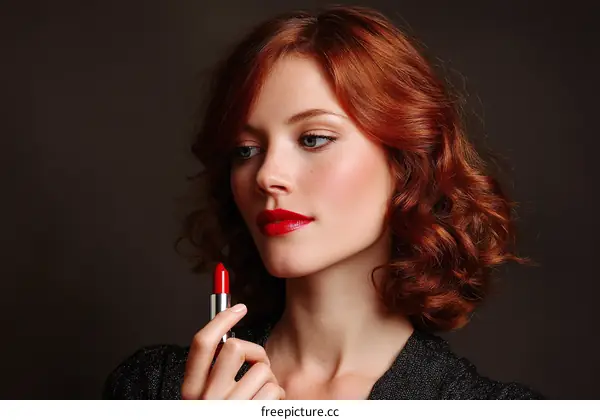 Red-haired woman holding red lipstick for makeup application