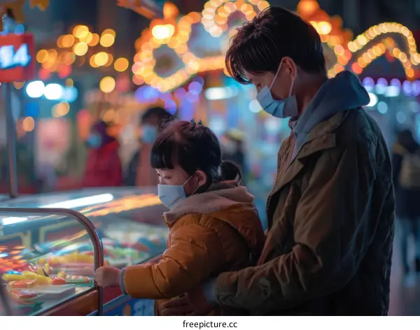 Father and daughter wearing masks at a night market