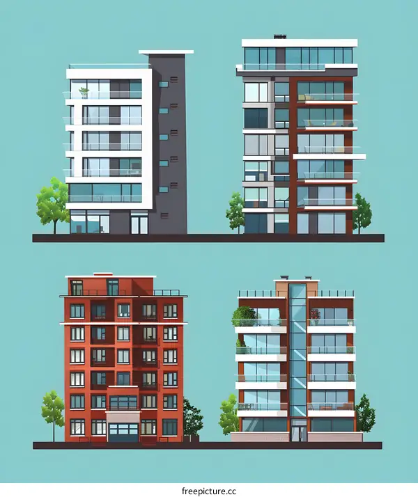 Illustration of Four Modern Buildings with Different Styles