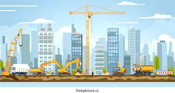 Construction Site with Crane, Excavators, and Workers in a City