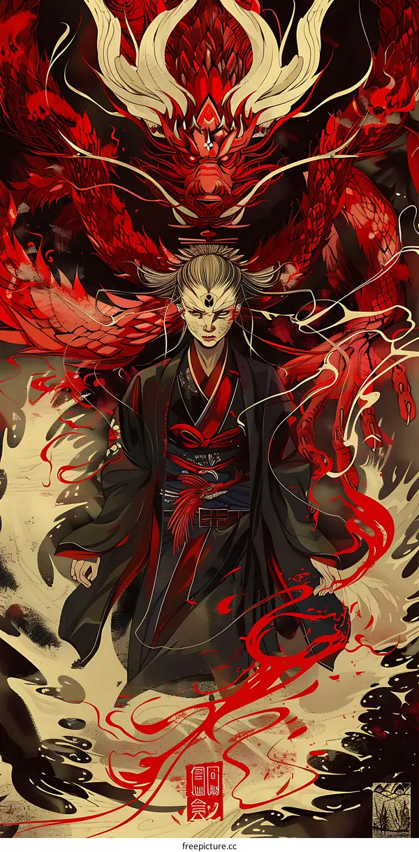 Red Dragon and Woman in Black Robe