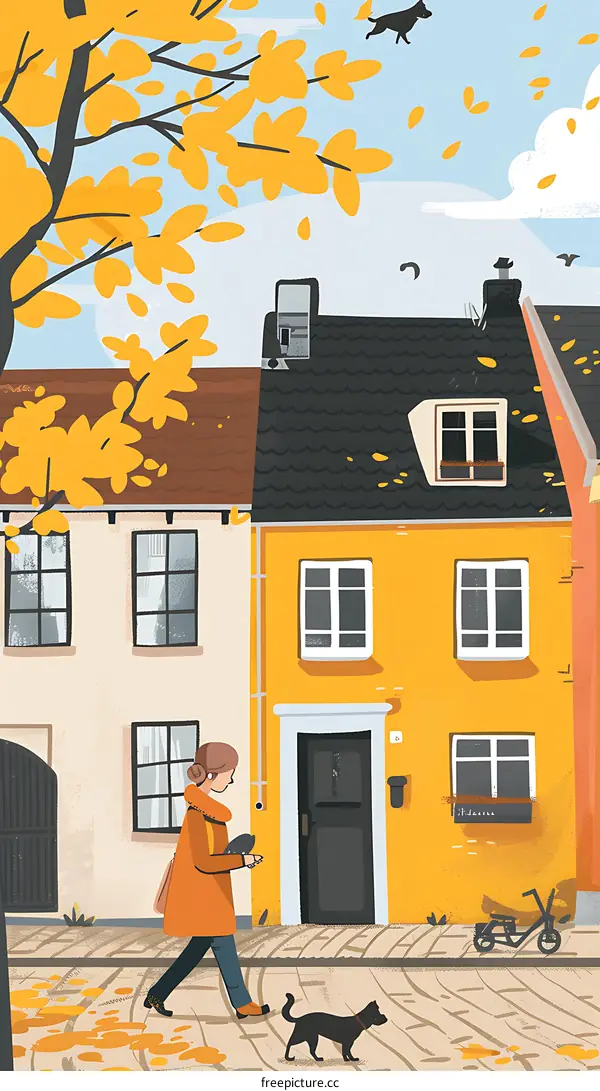 Woman Walking Dog in Front of Yellow House with Autumn Leaves