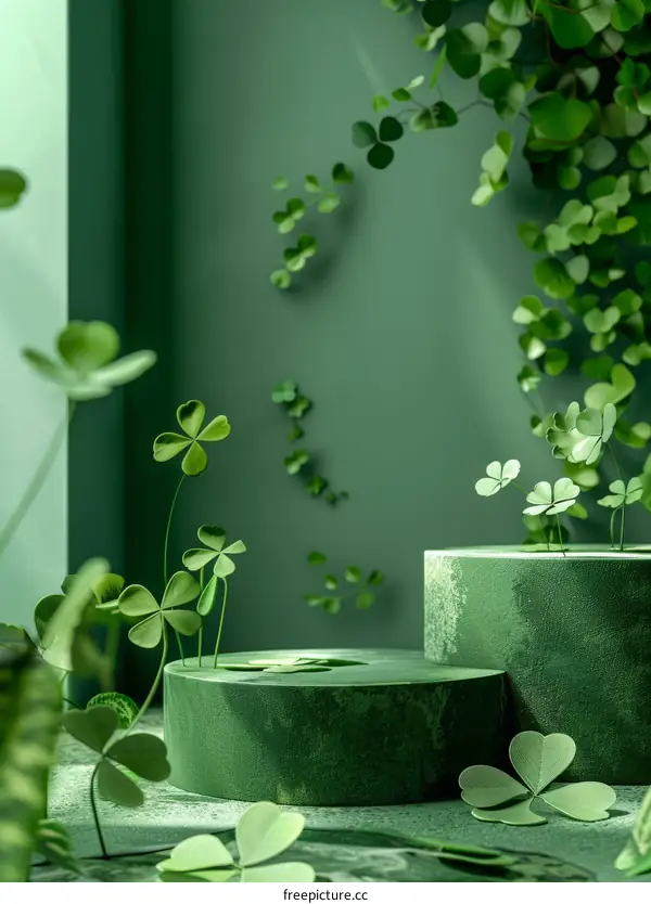Green podium with clovers for St Patrick's Day