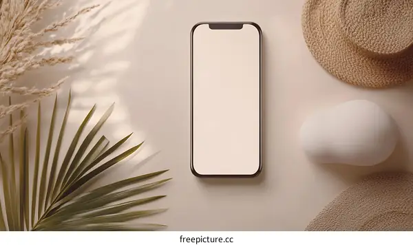 Minimalist Flat Lay with Smartphone, Palm Leaves, and Straw Hats
