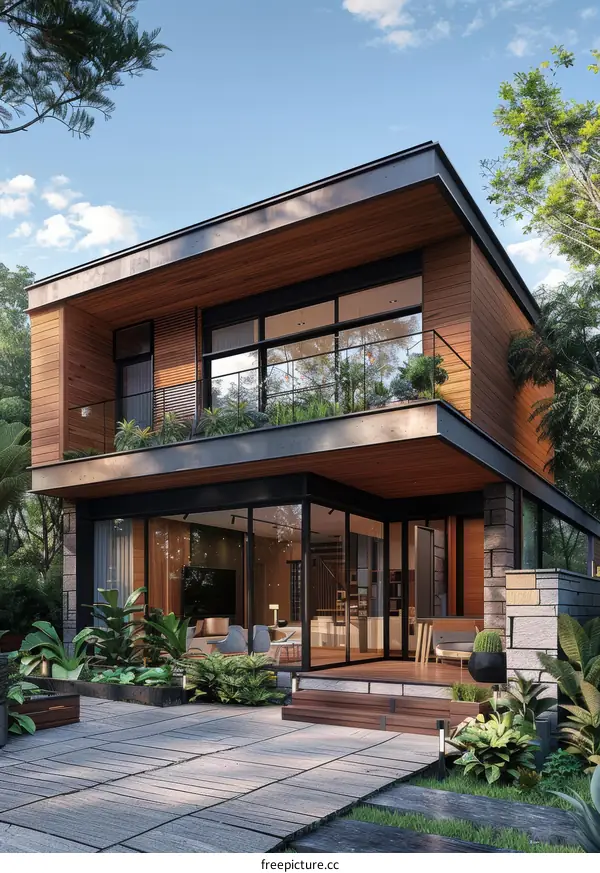 Modern two-story house with wooden facade and large glass windows