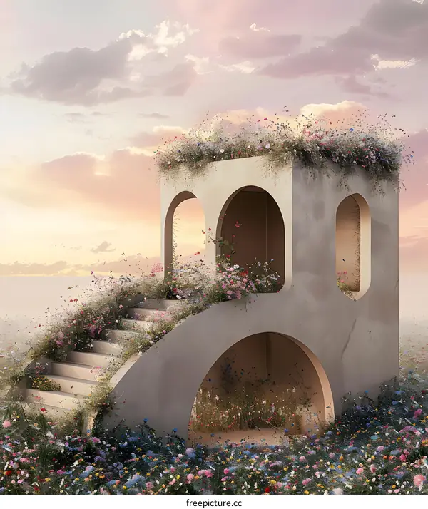 Stone Structure with Archways and Flower Garden