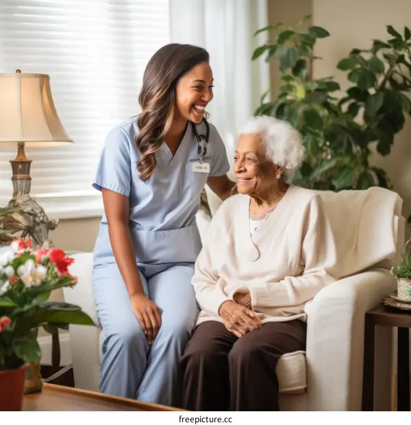 A young African-American female nurse smiling at an elderly white female patient