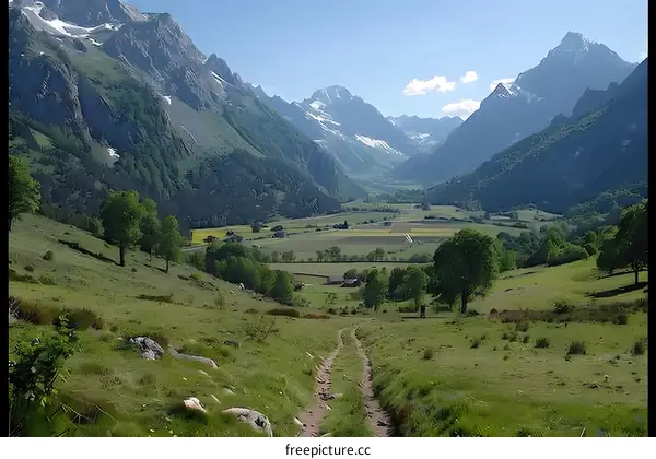 mountain valley landscape with trees and wildflowers