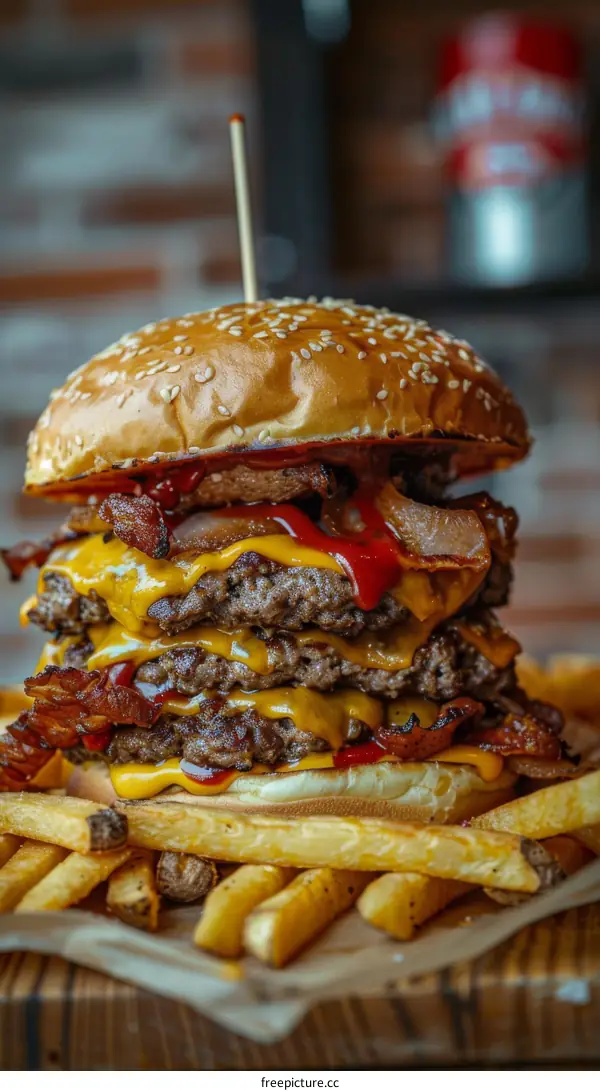 A triple cheeseburger with bacon and fries
