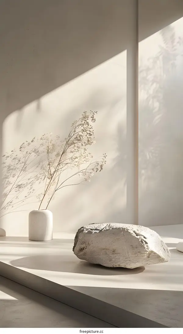 Minimalist Aesthetic White Wall with Dried Flowers and Stone