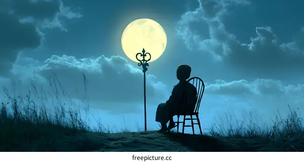 Silhouette of a Person Sitting on a Chair Under a Full Moon