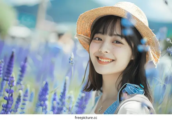 Asian Woman Smiling In A Field Of Lavender Flowers