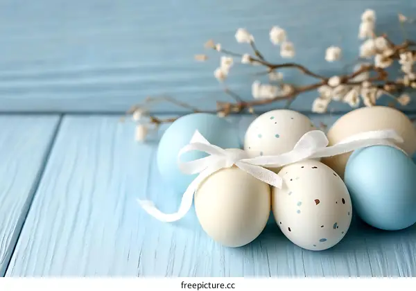 Easter Eggs Decorated on Light Blue Wooden Background