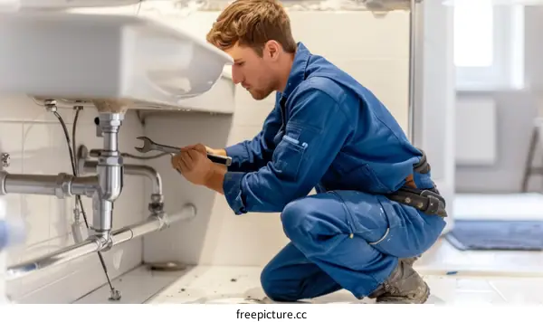 Plumber fixing a sink in a bathroom
