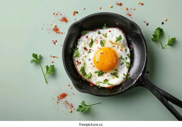 Fried egg in a cast iron skillet with parsley and spices