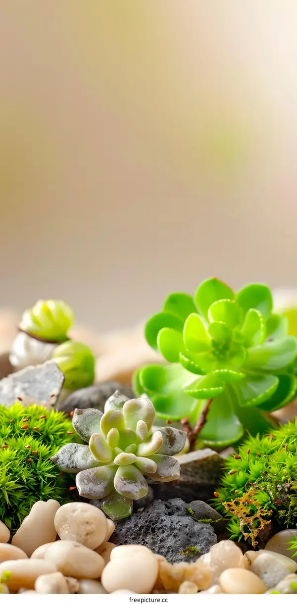 Close Up of Succulents and Moss on White Rocks