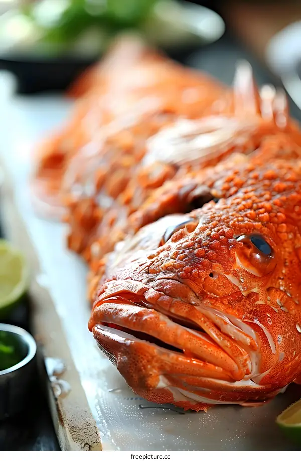 Close-up of a red fish head on a table