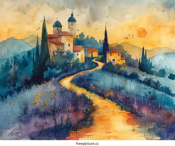 watercolor painting of a rural Italian landscape