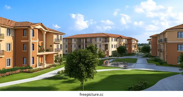 Exterior View of Apartment Complex with Lush Green Lawn and a Fountain