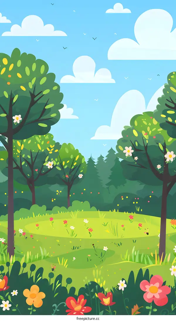 Cartoon Spring Nature Landscape with Green Trees and Flowers