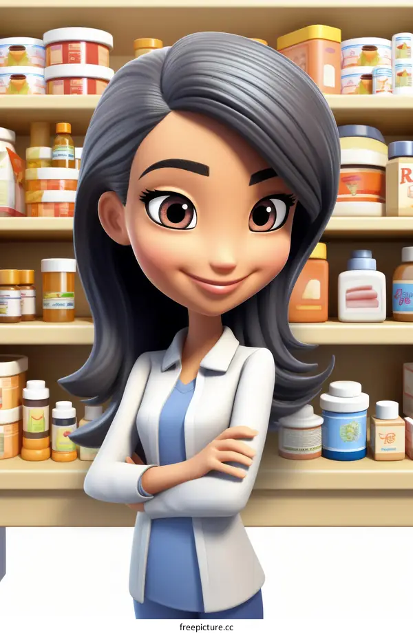 A female pharmacist standing in a pharmacy with shelves of medication on the walls behind her