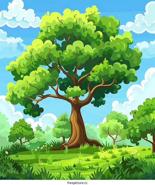 Green Tree and Lush Meadow Landscape Illustration