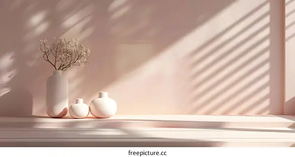 Minimalist White Vases with Dried Flowers on Pink Shelf