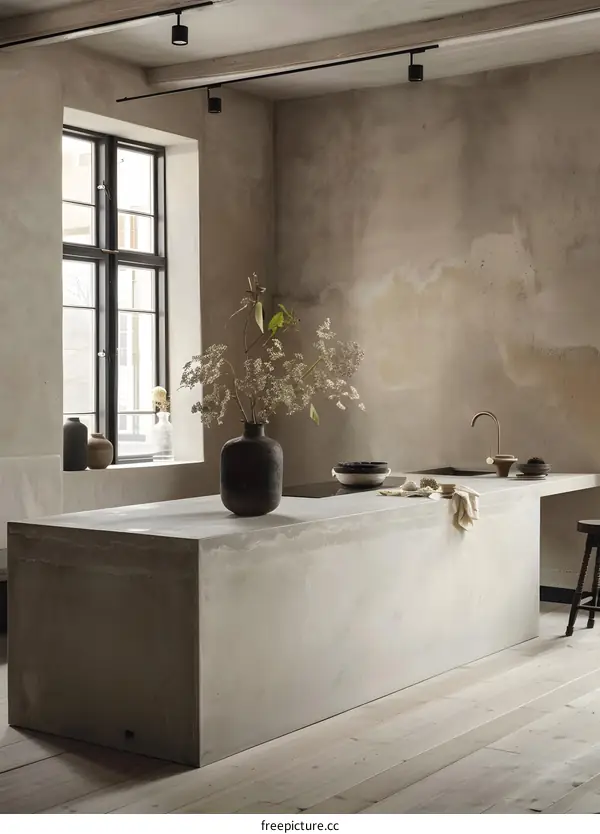 Modern Kitchen Interior Design with Concrete Countertop and Light Wood Floor