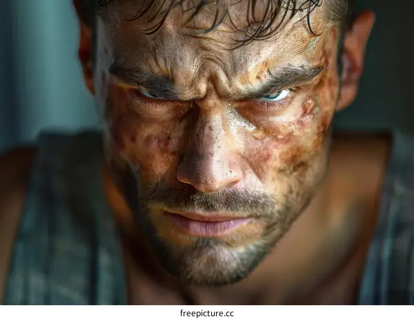 Portrait of a soldier with scars on his face