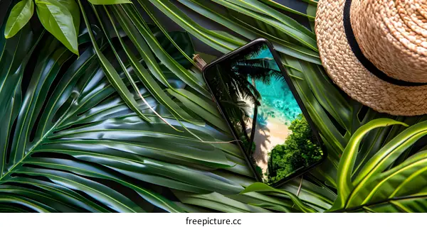 Tropical Phone Background with Palm Leaves and Hat