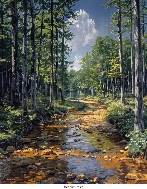 Tranquil Forest Stream with Smooth Pebbles