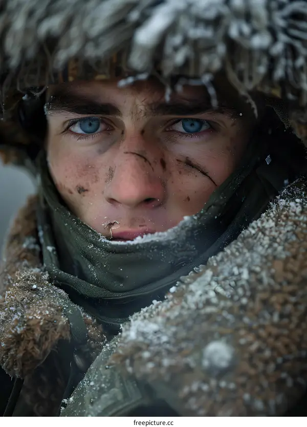 Portrait of a young soldier in winter gear