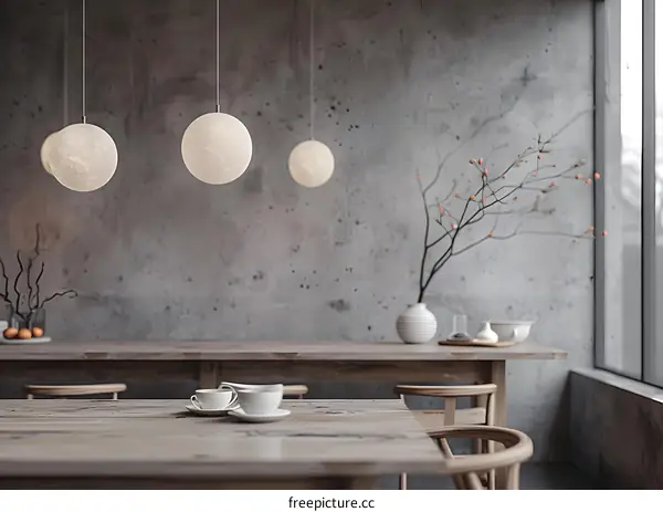 Modern Minimalist Interior Design With Wooden Table and White Ceramic Cups
