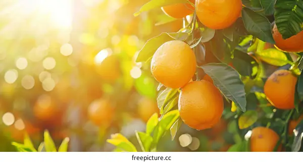 Ripe Oranges Hanging on a Branch in an Orange Grove